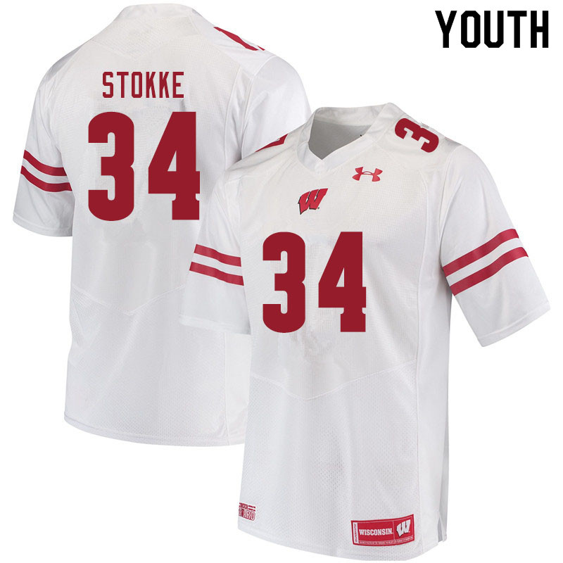 Youth #34 Mason Stokke Wisconsin Badgers College Football Jerseys Sale-White - Click Image to Close